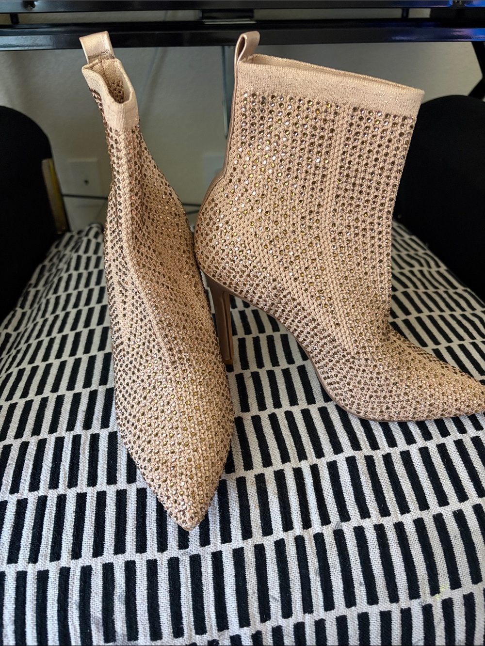 Rhinestone Knit Ankle Boots in Rose Gold